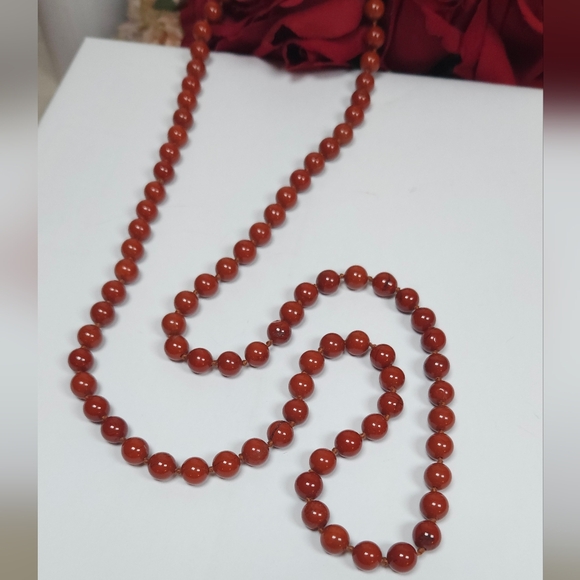 Red Jasper Stone Knotted Necklace Handmade 35" Long Unisex Necklace - Picture 10 of 16